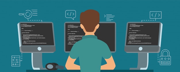 software developer character. programmer develops code illustration