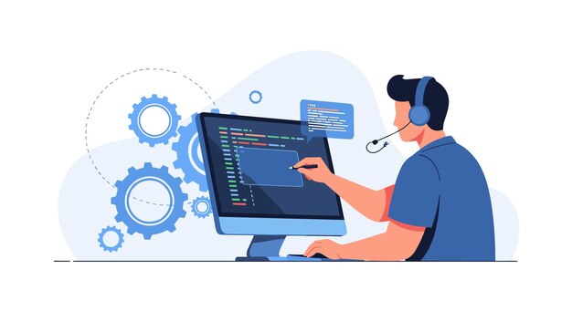 software developer coding on computer with headset