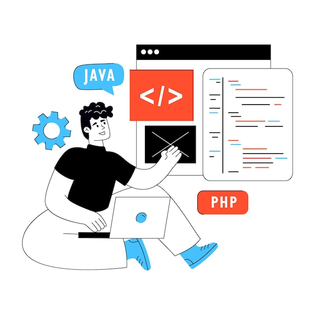 software developer coding on laptop with programming languages and web interface