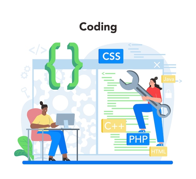 software developer concept idea of programming and coding system development digital technology software developing company writing code isolated vector illustration