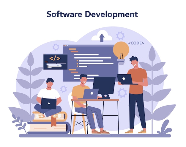 software developer concept. idea of programming and coding, system development. digital technology. software developing company writing code.