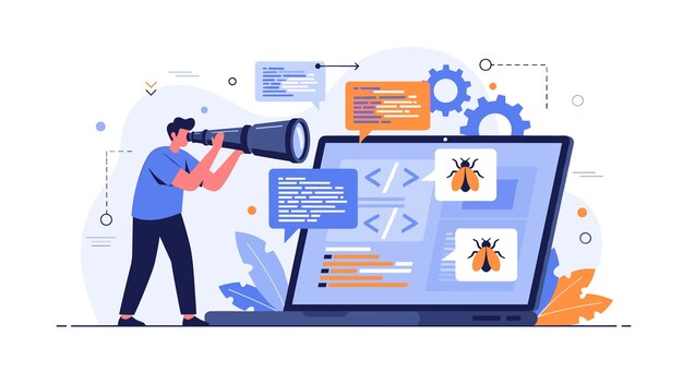 software developer debugging code and finding bugs