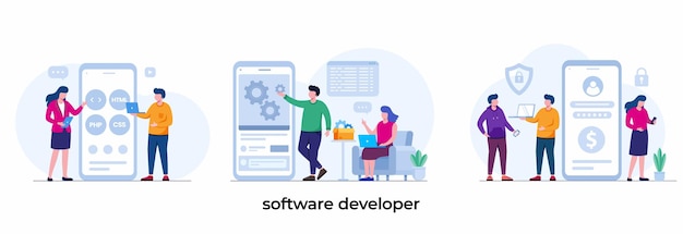 software developer presentation with client programmer technology coding code flat vector illustration template