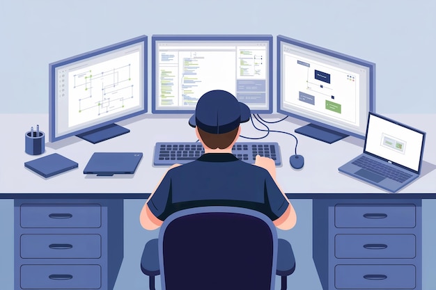 software developer at work code screens and tech setup