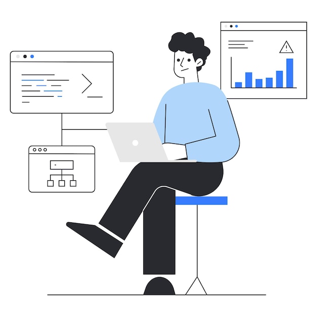 software developer working on laptop with programming code and data analytics interface