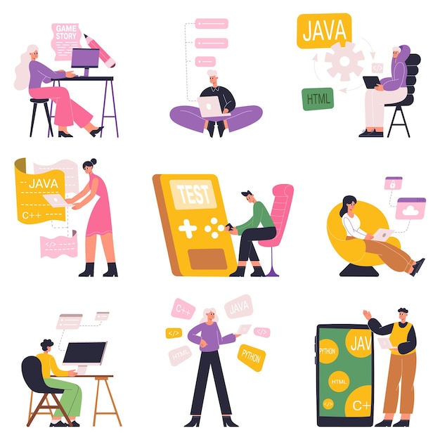 software developers, game designers, javascript programmers characters. web developers, software programmers work vector illustration set. script writer characters. designer development and programmer
