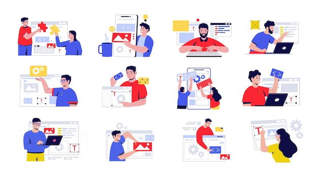 software development characters people working on frontend and backend web program mobile application developers and programmers coding and scripting vector isolated set