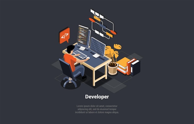 software development coding process concept programer or web developer coding on computer screen with code script and open windows coder engineer at workplace isometric 3d vector illustration