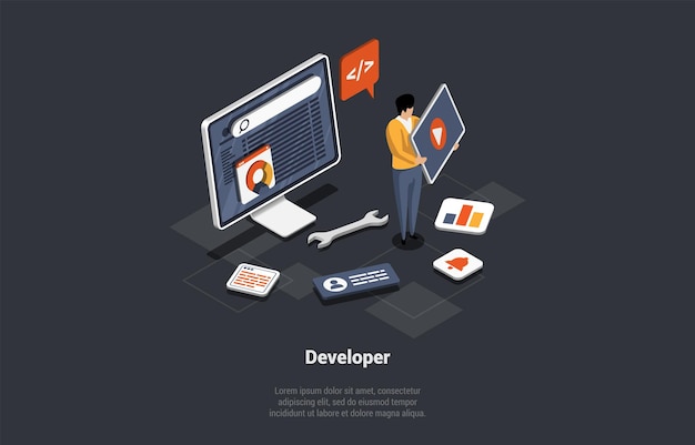 software development coding process concept programmer or web developer is writing new code screen with code script and open windows coder engineer at workplace isometric 3d vector illustration
