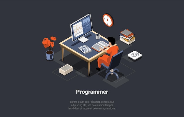 software development coding process programmer or web developer coding app on computer screen with chart script and open windows man coder engineer at workplace isometric 3d vector illustration