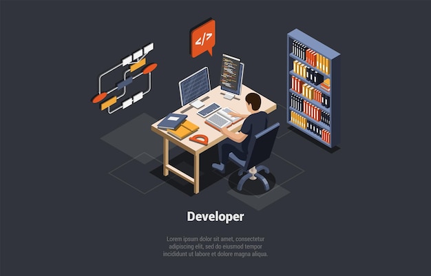 software development coding process programmer or web developer coding app on computer screen with code script and open windows man coder engineer at workplace isometric 3d vector illustration