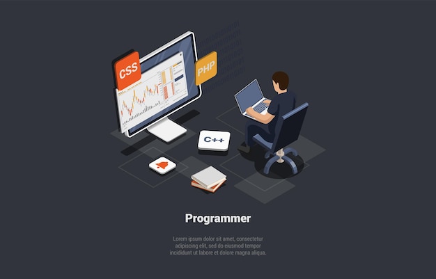 software development coding process programmer web developer coding app for trading using php programming language screen with chart and script man coder engineer isometric 3d vector illustration