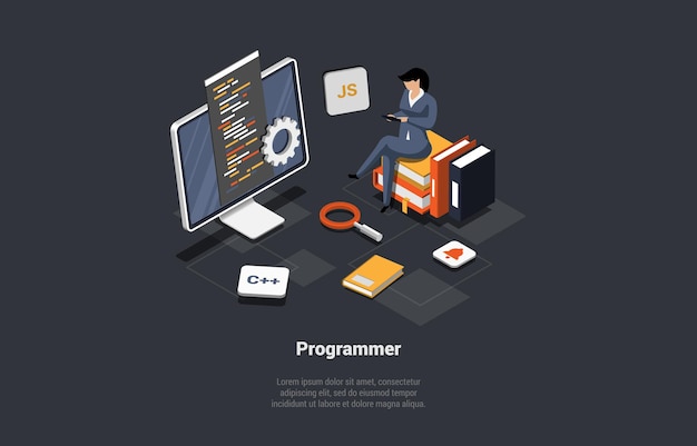 software development coding process programmer web developer coding app using java script programming language screen with chart and script woman coder engineer isometric 3d vector illustration