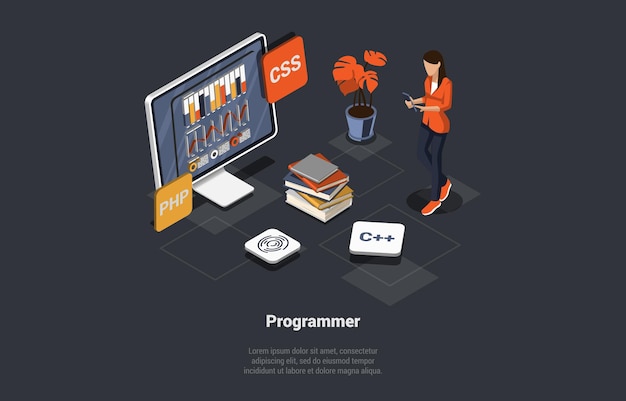 software development coding process programmer or web developer is coding app using css programming language screen with chart and script woman coder engineer isometric 3d vector illustration