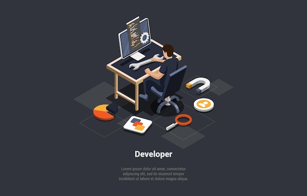 software development coding process programmer or web developer working in front of computer screen with code script and open windows coder engineer at workplace isometric 3d vector illustration