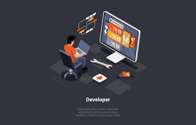software development coding process programmer or web developer writing new code on laptop screen with code script and open windows coder engineer at workplace isometric 3d vector illustration