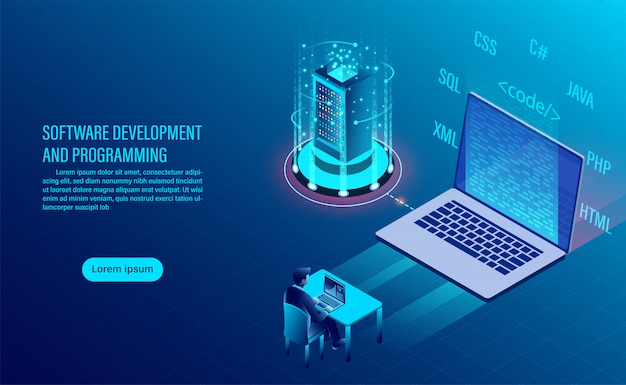 software development and coding. programming of concept. data processing. computer code with window interface.