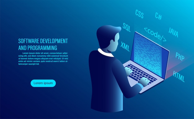 software development and coding. programming of concept. data processing. computer code with window interface.