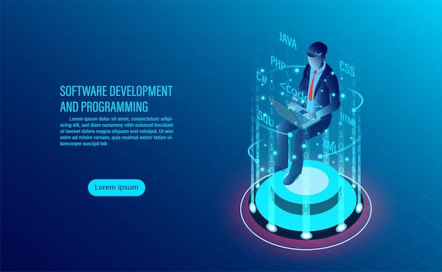 software development and coding. programming of concept. data processing. computer code with window interface.