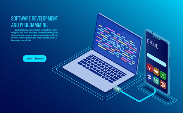software development and coding. programming of concept. data processing. computer code with window interface.