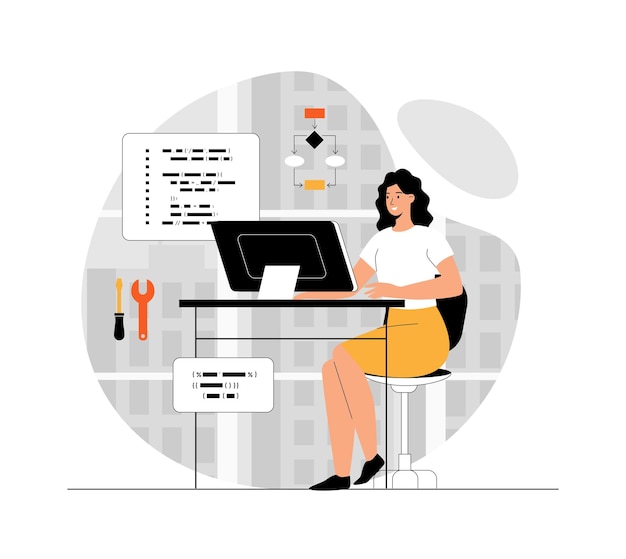 Software development coding technologies and engineering programming Woman develops code creates