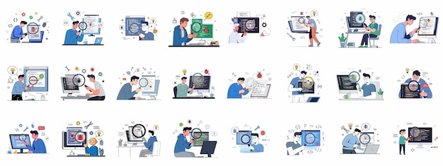 software development and debugging process flat illustrations