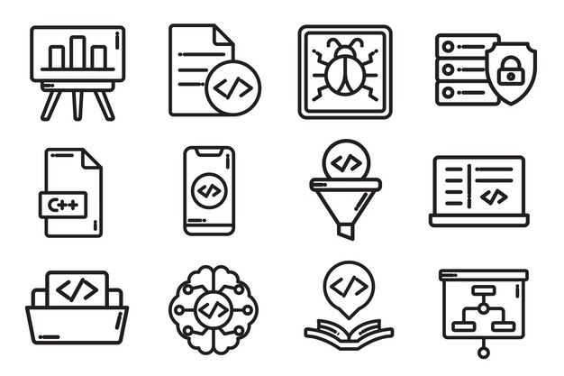 software development icons set representing coding programming debugging and artificial intelligence