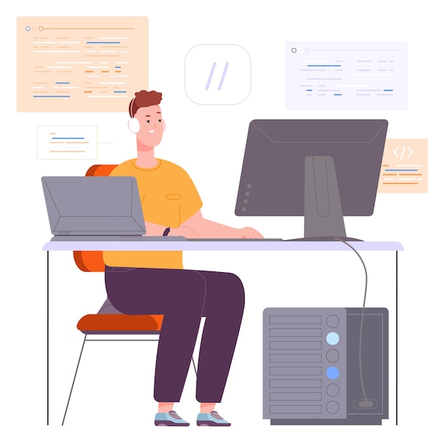 software development process man working with script code