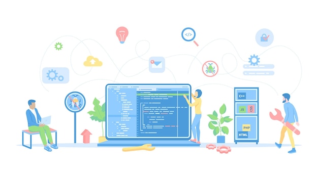software development programming app making programmers team working with program code on the com