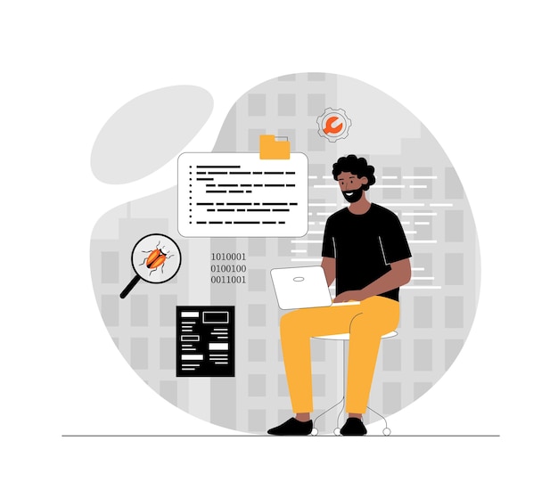 software development programming coding developer works on laptop and programs in programming lan