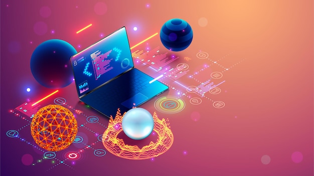 software development programming coding software testing on laptop abstract program code on computer screen laptop icons of computer tech digital computer technology isometric concept