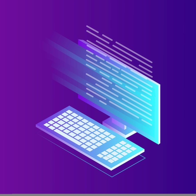 software development, programming language, coding. isometric computer with digital application