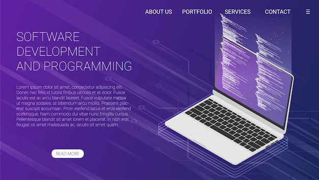 software development and programming program code on laptop screen big data processing computing isometric