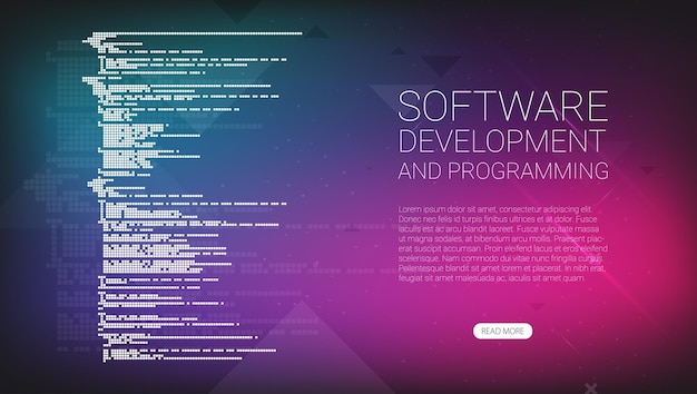 software development and programming program code on laptop screen big data processing computing