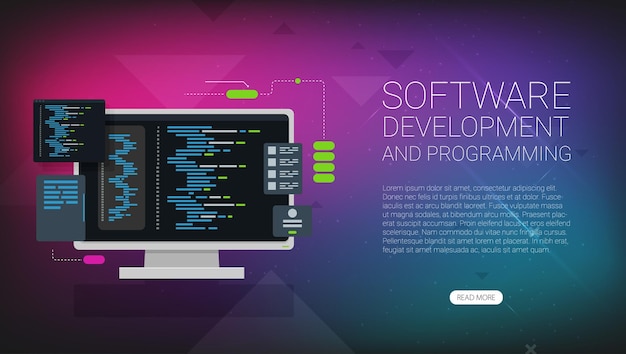 software development and programming program code on laptop screen big data processing computing