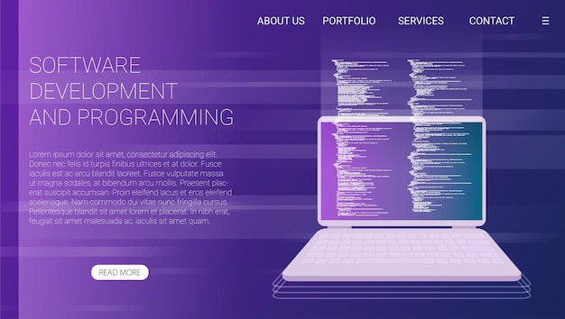 software development and programming program code on laptop screen big data processing computing
