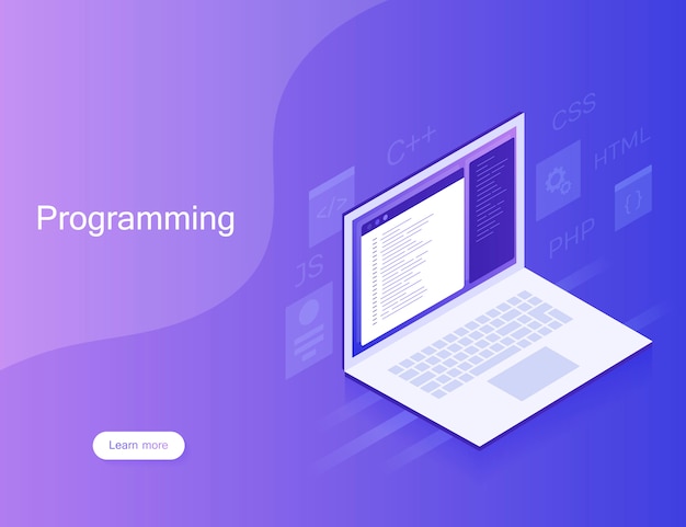 software development and programming, program code on laptop screen, big data processing. modern illustration
