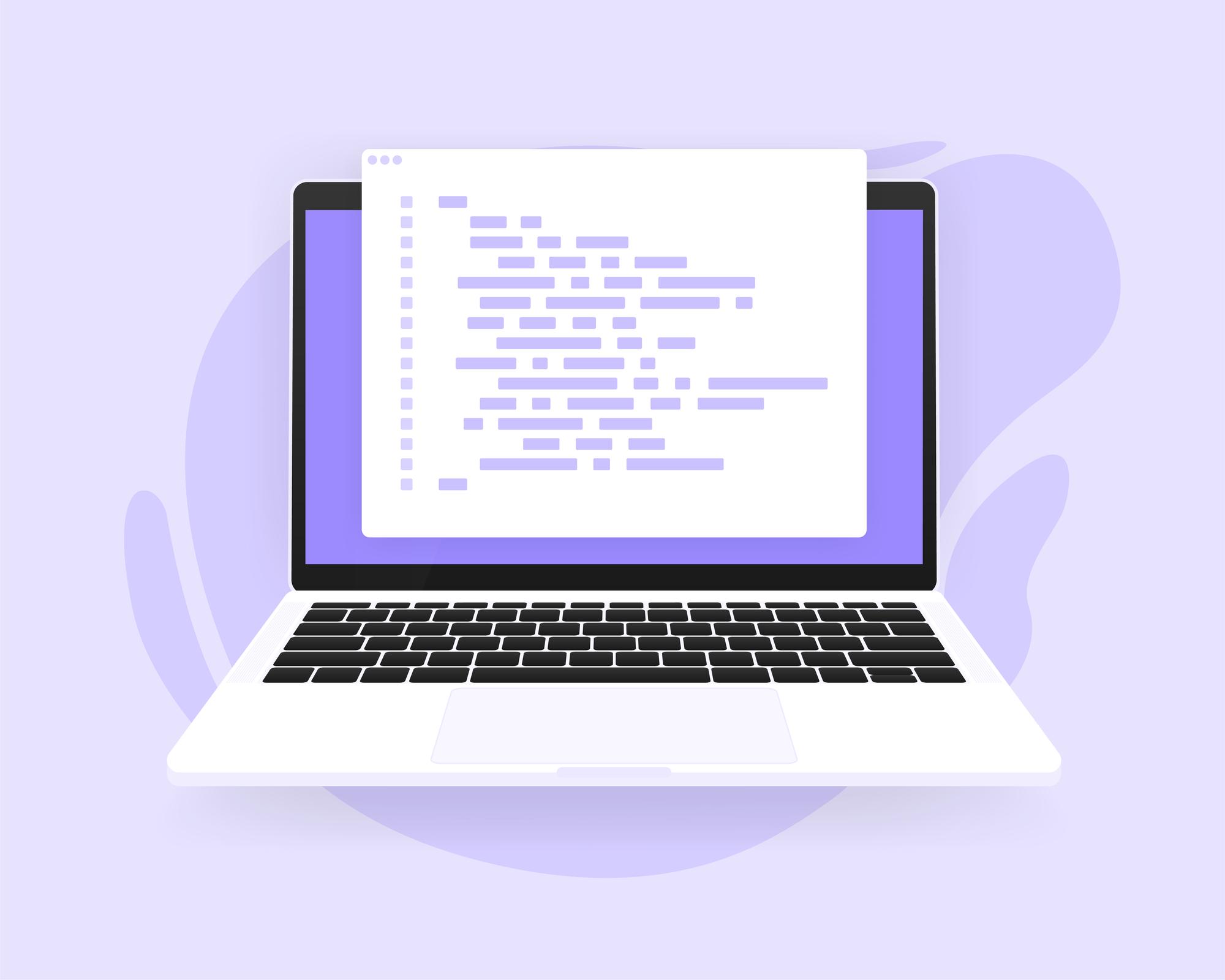 software development and programming program code on laptop screen vector illustration