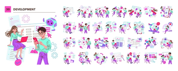 software development team coding app interfaces vector set