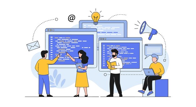 software development team collaborating on code