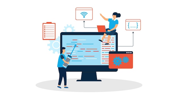 software development teamwork concept with programmers coding on computer interface ui