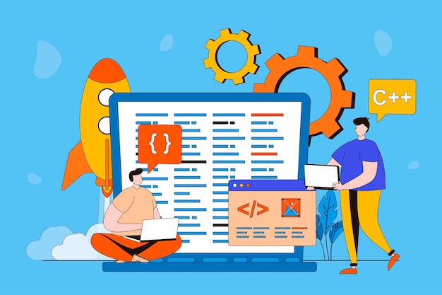 software development web concept in flat 2d design men create and program in different programming