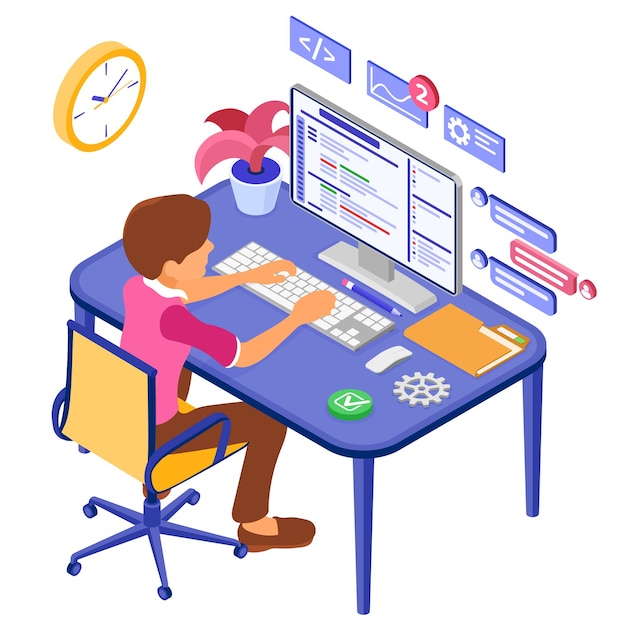 software engineer developing program man sits at computer table and programs developer