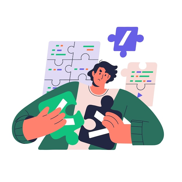 software engineer find solution of problem in program concept coder collect puzzles search errors in code programmer develop script for app flat isolated vector illustration on white background