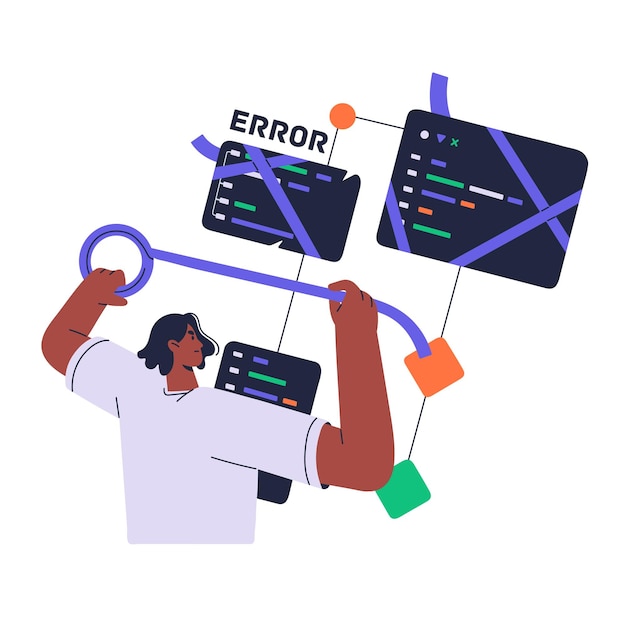 software engineer fix error in code concept coder programmer search solution for problem in develop program database information technology flat isolated vector illustration on white background