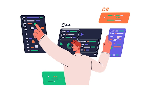 software engineer writing code concept information technology coder develops database algorithm backend programmer starts development of program app flat isolated vector illustration on white