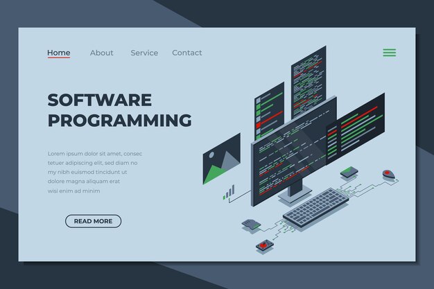 software programming isometric landing page programming languages interface on computer screen programmer coding isometric technology