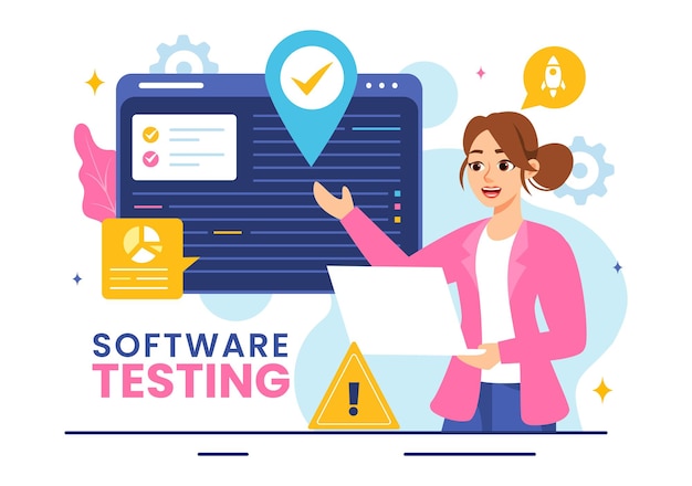 software testing vector illustration featuring application engineering debugging development process programming and coding in a flat background