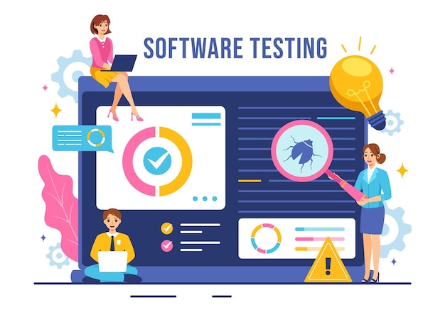 software testing vector illustration featuring application engineering debugging development process programming and coding in a flat background