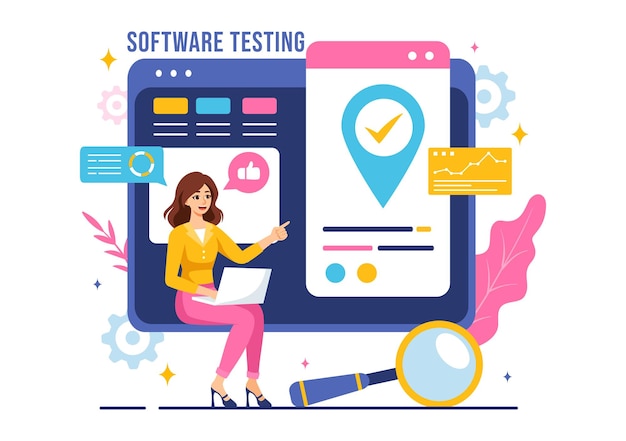 software testing vector illustration featuring application engineering debugging development process programming and coding in a flat background